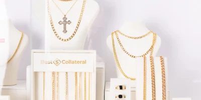 A selection of jewellery are on display in a retail store.