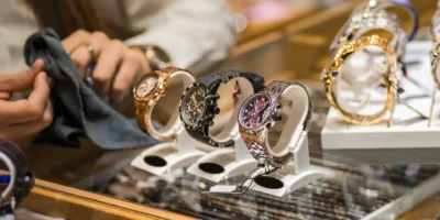 Close-up of elegant wristwatches on display in a jewelry store, showcasing luxury and style. Perfect for fashion enthusiasts and collectors seeking timeless beauty.