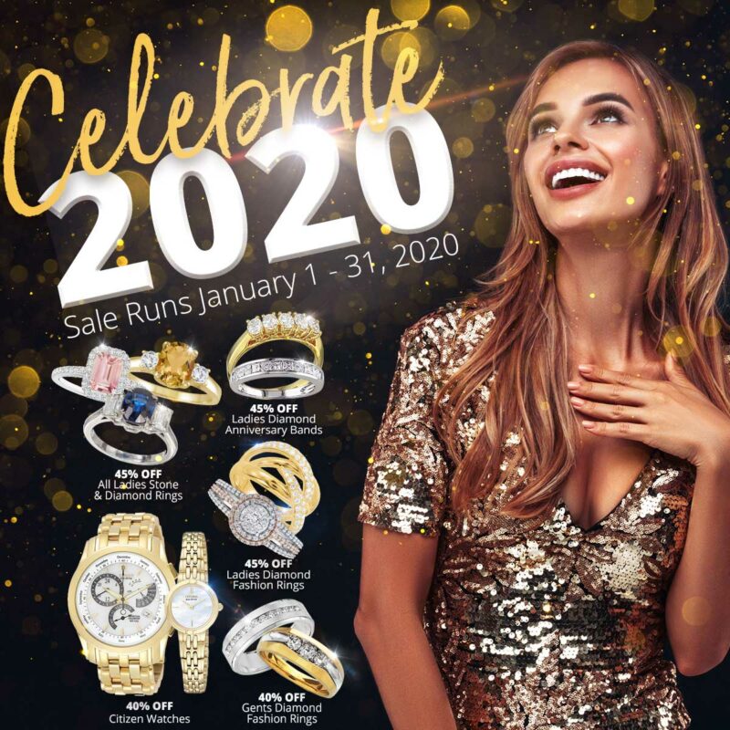 Celebrate 2020 January Sale with rings, watches and a smiling woman