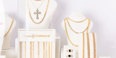 A selection of jewelry are on display in a retail store.