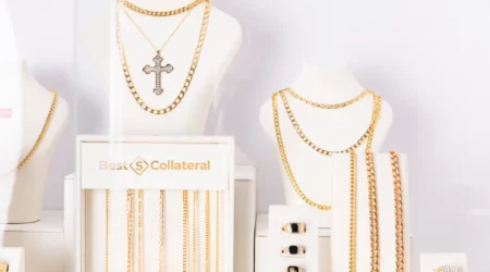 A selection of jewellery are on display in a retail store.