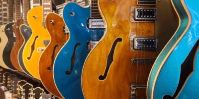 close-up of the store with electric guitars