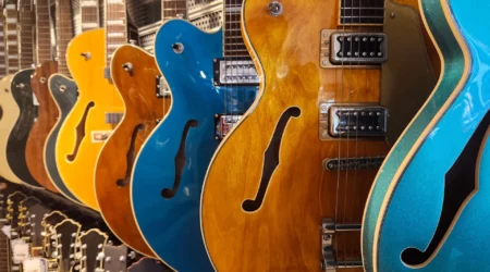 close-up of the store with electric guitars