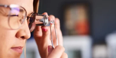Diamond, quality and luxury gemstone check of a jeweler woman worker with a spyglass. Microscope of a store employee or scientist staff looking at product color, cut and authenticity of diamonds