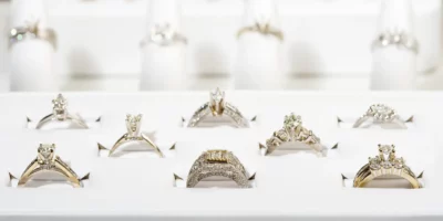 diamond engagement ring in Jewelry store display case.