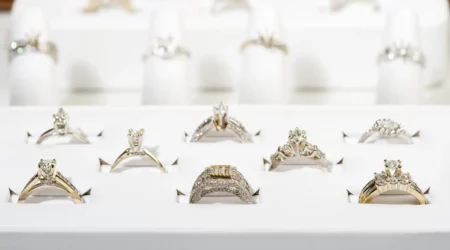 diamond engagement ring in Jewelry store display case.