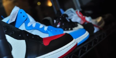 sneaker on rack, Close up side view image.