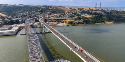 Aerial stock photos of the Carquinez bridges spanning the Carquinez Strait at the northeastern end of San Francisco Bay. The bridges, part of Highway 80 connect the cities of Crockett and Vallejo.