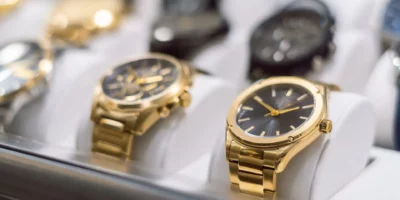 High-end gold-colored watches, exposed behind the window of a watch shop