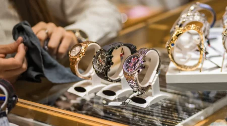 Close-up of elegant wristwatches on display in a jewelry store, showcasing luxury and style. Perfect for fashion enthusiasts and collectors seeking timeless beauty.